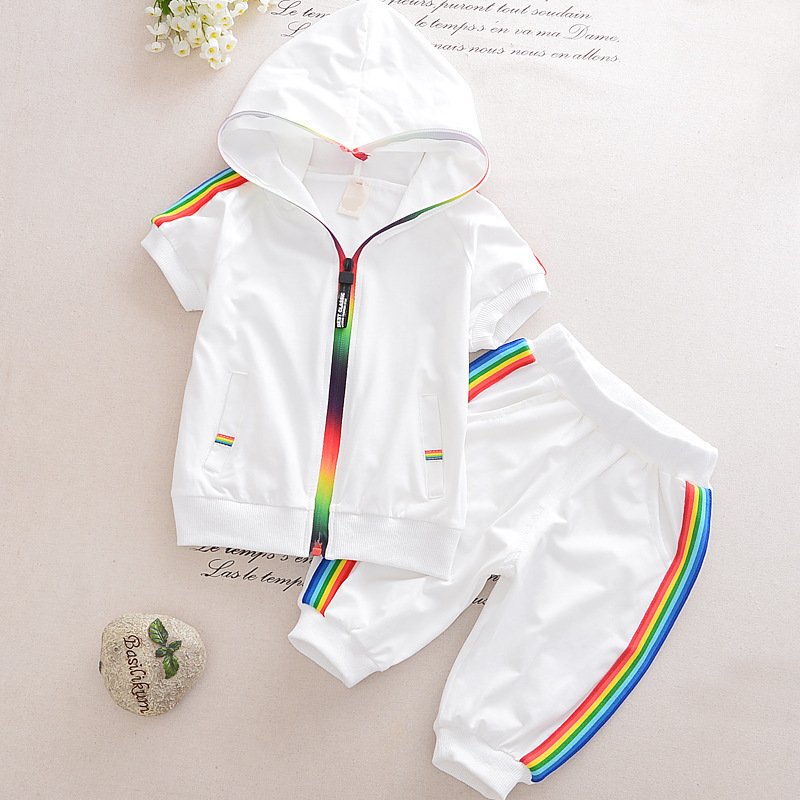 Boys and girls sports suit summer short-sleeved baby hooded zip-up shirt black and white two-piece suit