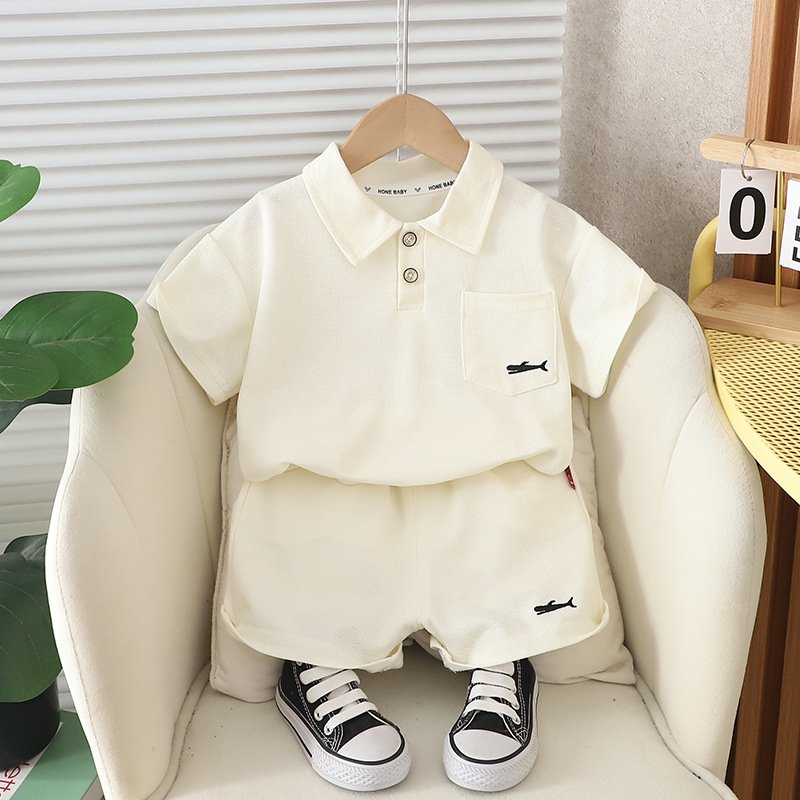 Casual Clothes For Kids Solid Color Minimalist Style Boys Suit Set Little Shark Embroidery Children's White T-Shirt
