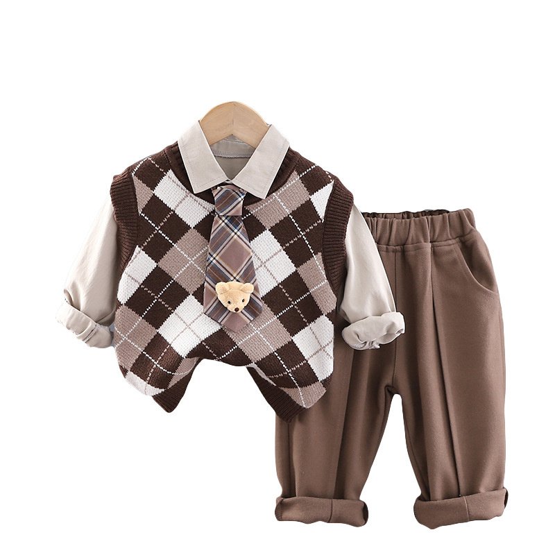 new girls fashionable autumn children suit tie pendant bear sweater skirt pants three piece kids boy clothing sets