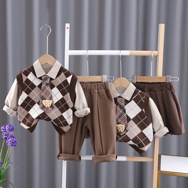 new girls fashionable autumn children suit tie pendant bear sweater skirt pants three piece kids boy clothing sets