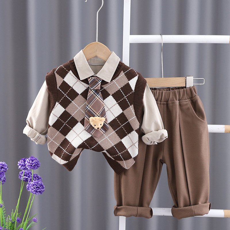 new girls fashionable autumn children suit tie pendant bear sweater skirt pants three piece kids boy clothing sets