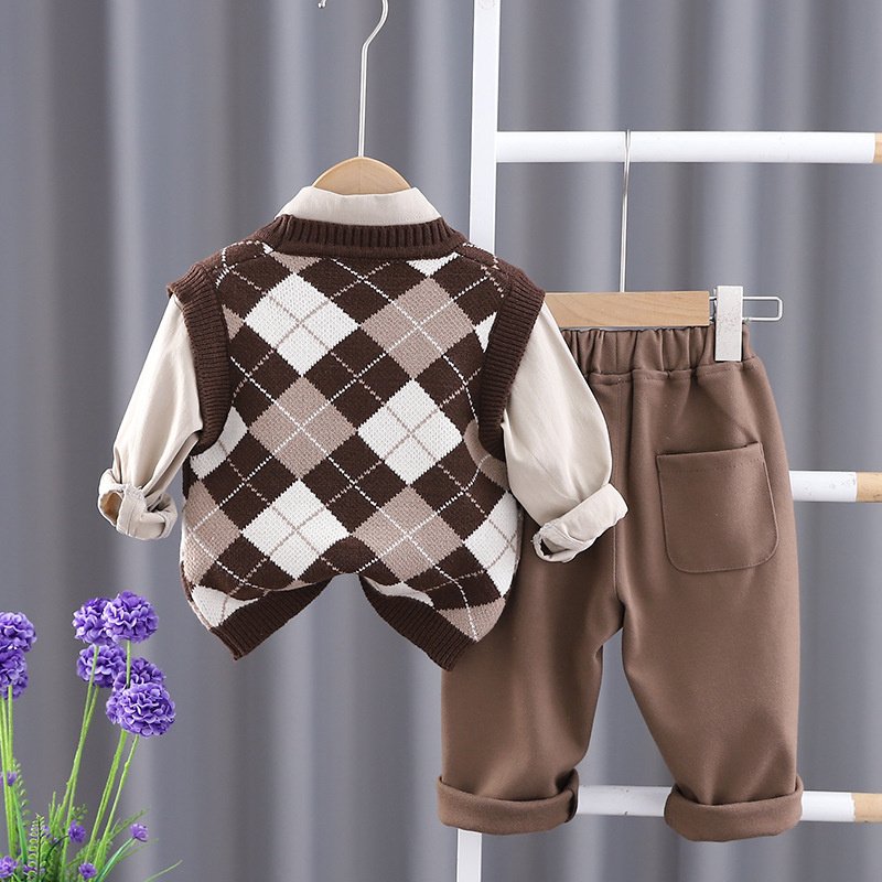 new girls fashionable autumn children suit tie pendant bear sweater skirt pants three piece kids boy clothing sets
