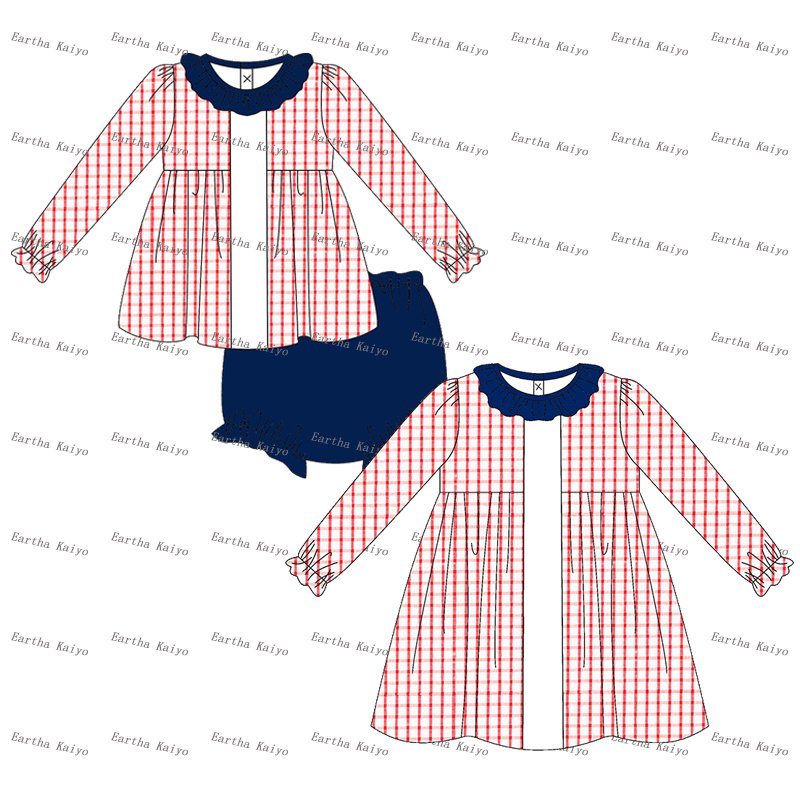 smocked children clothing Christmas kids dresses for girls woven gingham ruffle baby clothing sets