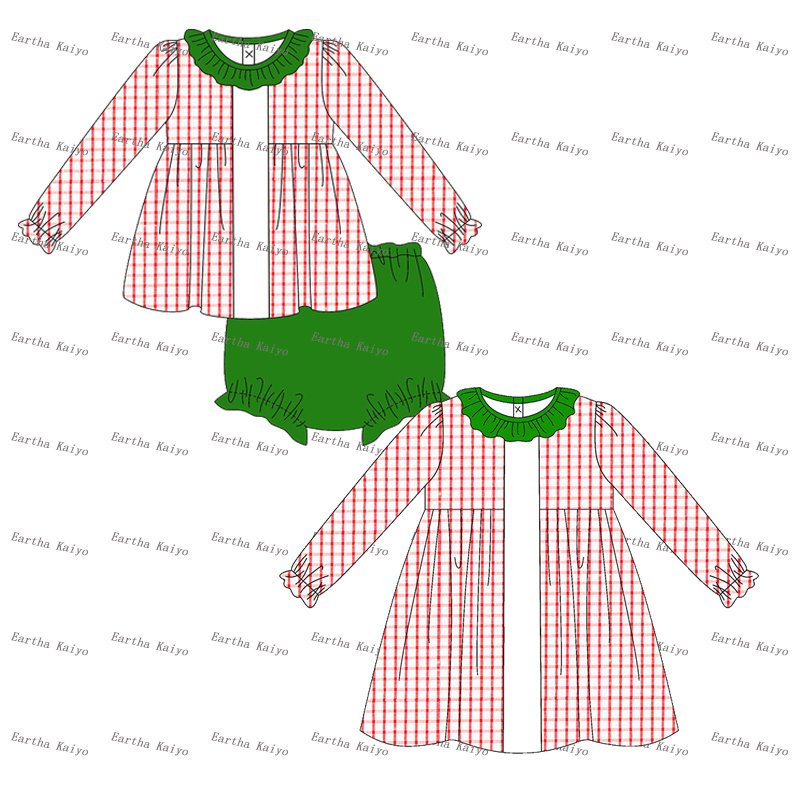 smocked children clothing Christmas kids dresses for girls woven gingham ruffle baby clothing sets