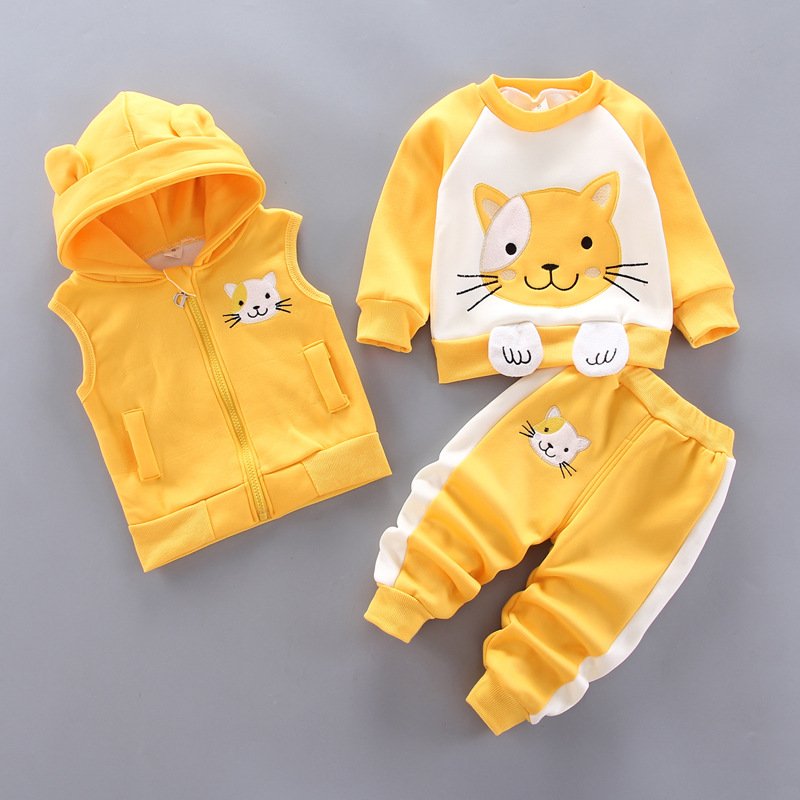 Cheap wholesale infant warm suit thick winter clothing sweater hooded baby boys and girls clothing sets bear vest 3 piece set