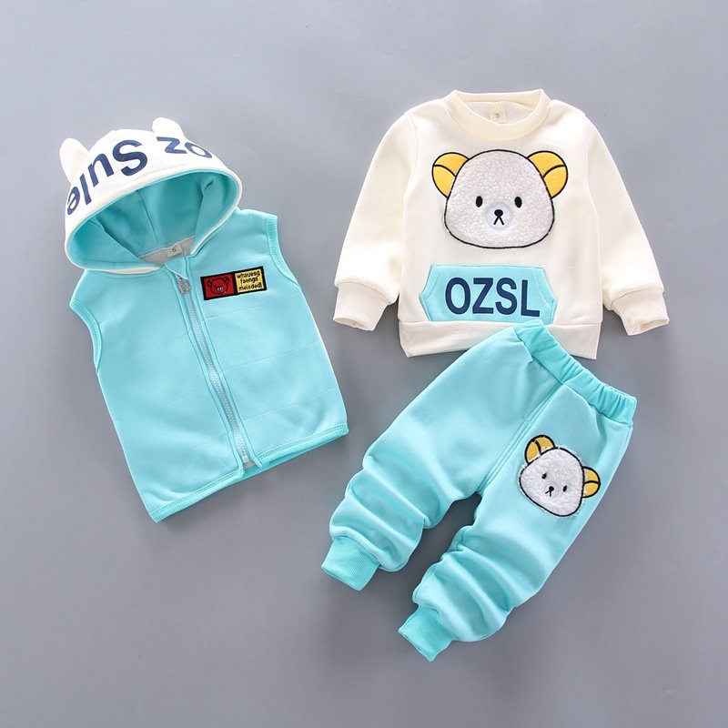 Cheap wholesale infant warm suit thick winter clothing sweater hooded baby boys and girls clothing sets bear vest 3 piece set