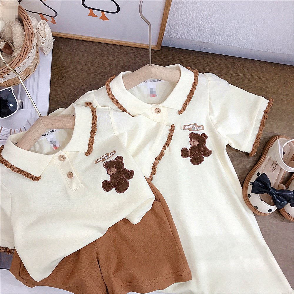 Wholesale Factory Custom Summer Brother And Sister Polo Embroidered Cute Bear Children's Clothing Boys And Girls Clothing Sets
