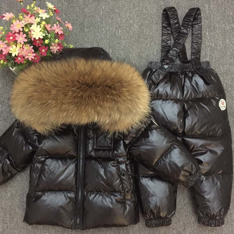 Real Fur Hoodie Boys Clothing Sets Down Warm Winter Girl Set Jacket Pants Children Snow Suits Teenager Kids Ski Costumes Clothes