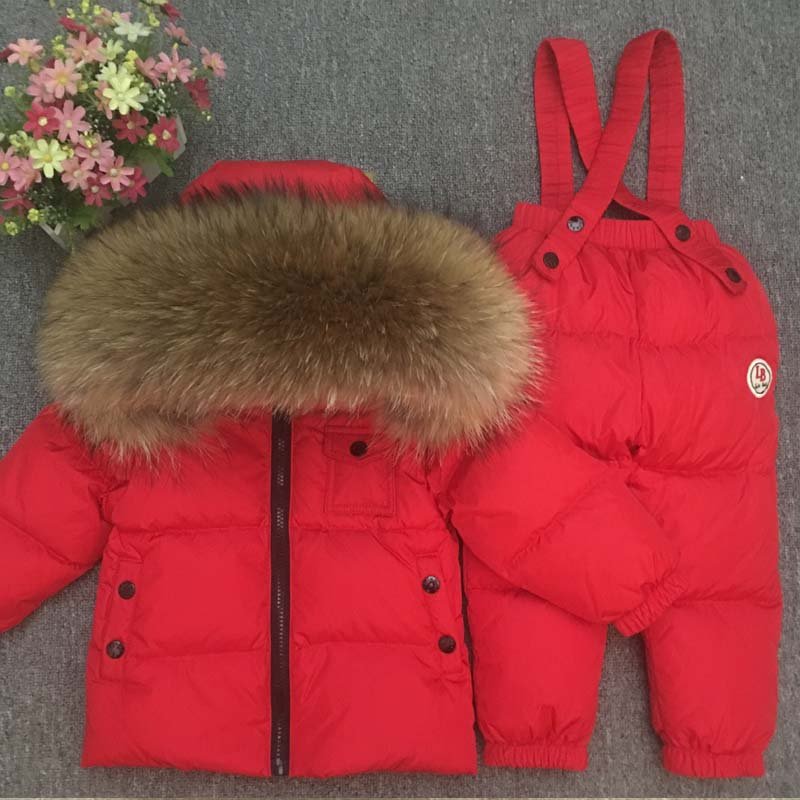 Real Fur Hoodie Boys Clothing Sets Down Warm Winter Girl Set Jacket Pants Children Snow Suits Teenager Kids Ski Costumes Clothes