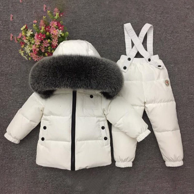 Real Fur Hoodie Boys Clothing Sets Down Warm Winter Girl Set Jacket Pants Children Snow Suits Teenager Kids Ski Costumes Clothes