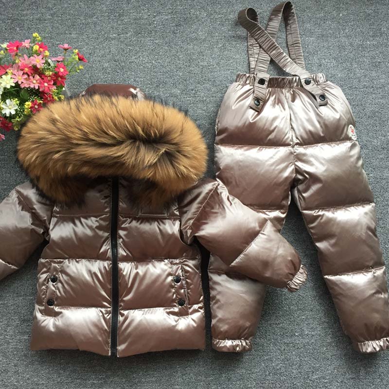 Real Fur Hoodie Boys Clothing Sets Down Warm Winter Girl Set Jacket Pants Children Snow Suits Teenager Kids Ski Costumes Clothes