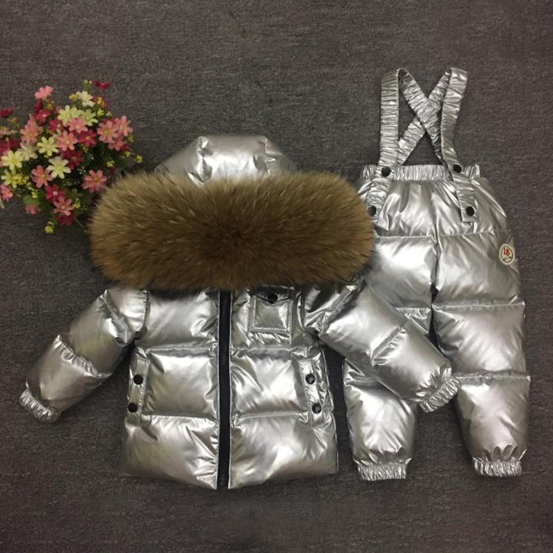 Real Fur Hoodie Boys Clothing Sets Down Warm Winter Girl Set Jacket Pants Children Snow Suits Teenager Kids Ski Costumes Clothes