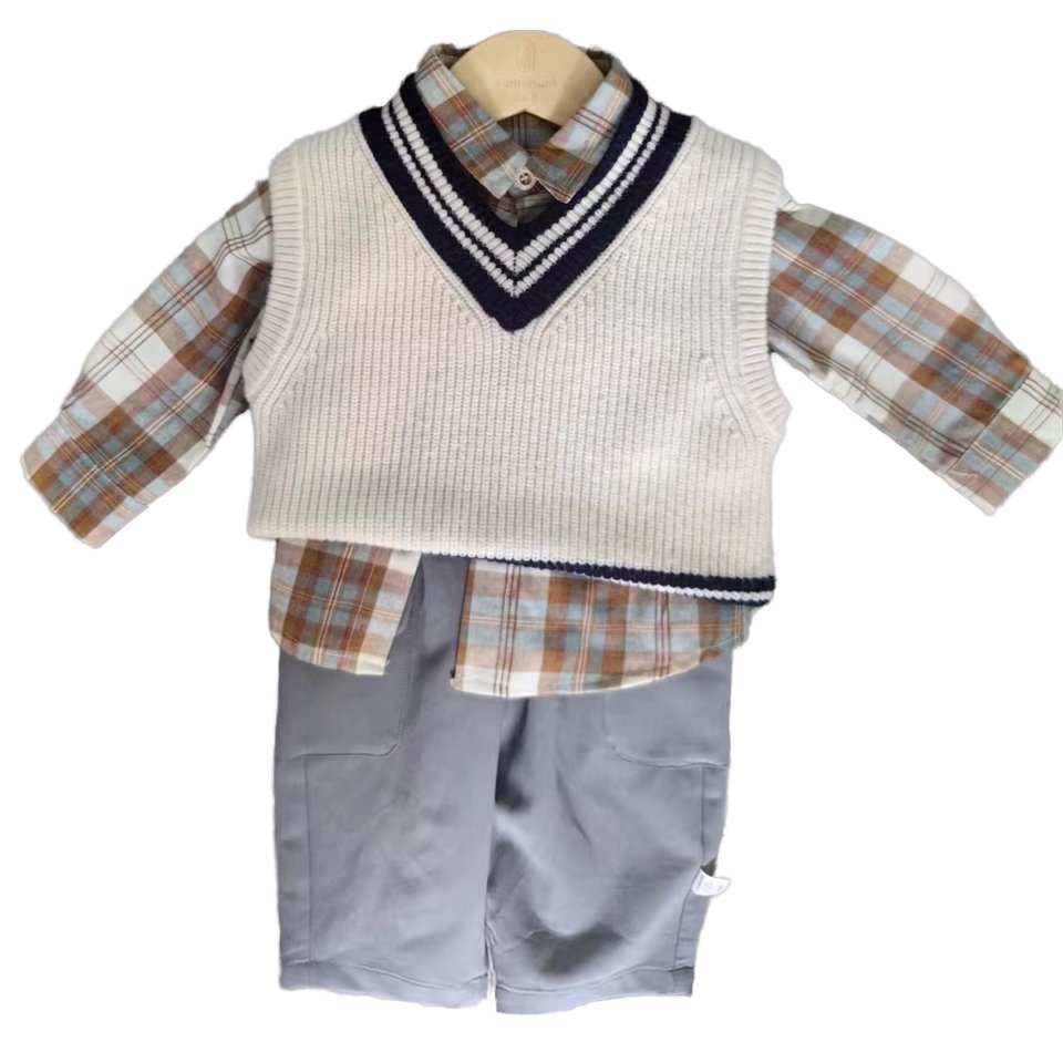 China Supplier Toddler Boys Kids School Style Sweater Vest Shirt Pants 3 Pcs Set Baby new born baby clothes Clothing Set