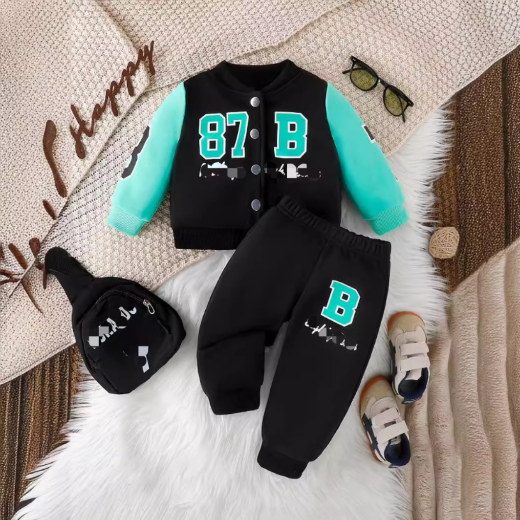 Children Clothing Winter Boy Baseball Style Leather Patchwork Jacket Sport Sets 2Pcs Boy Clothing Set
