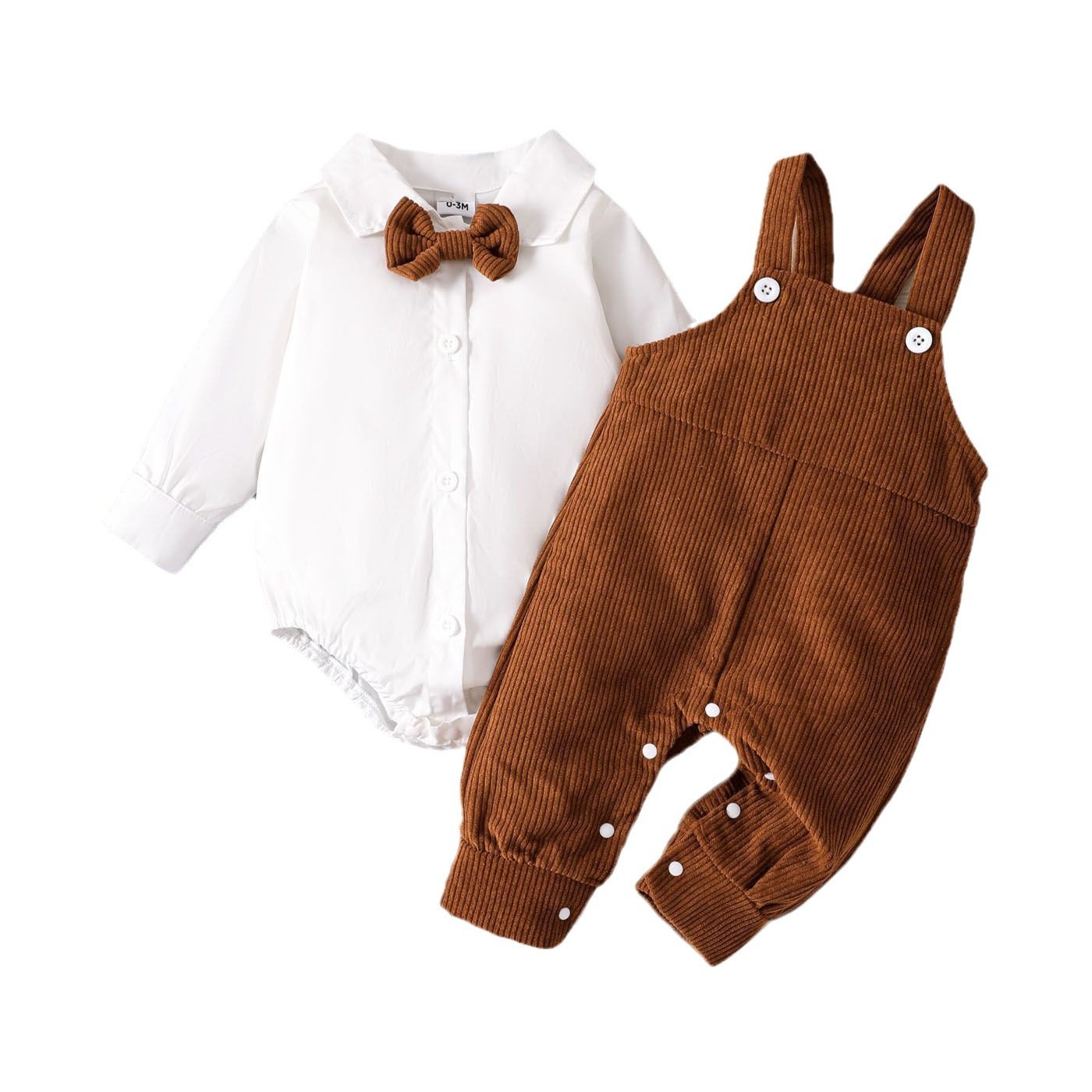 boys 2 pcs clothing set long sleeves solid gentle shirt romper + corduroy overalls pants outfits