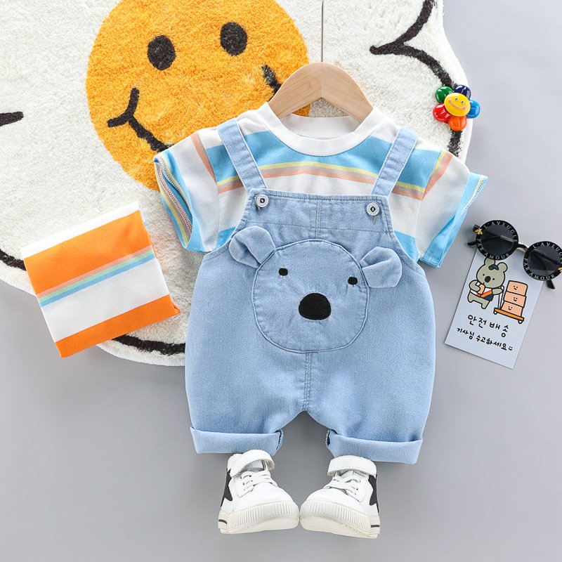 Newborn Boys Cotton Clothes 2pcs Sets Unisex Fashion Stripe Pullover Baby Girls Casual Denim Romper baby Boys Clothing Sets