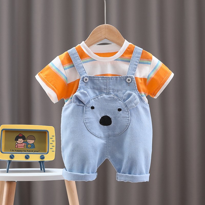 Newborn Boys Cotton Clothes 2pcs Sets Unisex Fashion Stripe Pullover Baby Girls Casual Denim Romper baby Boys Clothing Sets