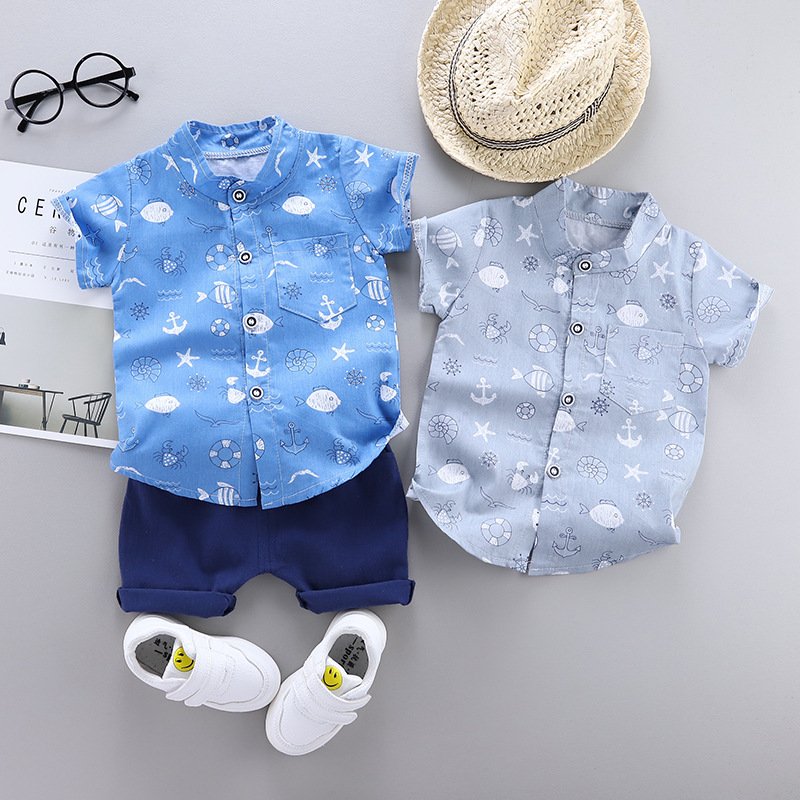 Kids Wear Wholesale Children Clothes Blue Ocean Prints Baby Tracksuit Shorts Set Kid Sweat Suit Toddler Boys Clothing Sets