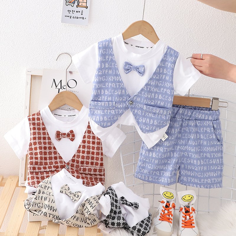 Children's clothes boys summer vest suit 2023 summer style foreign style baby handsome 1 year old 3 children short sleeves