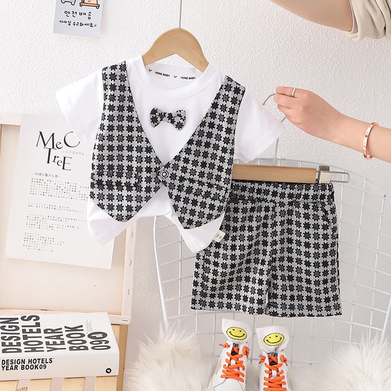 Children's clothes boys summer vest suit 2023 summer style foreign style baby handsome 1 year old 3 children short sleeves