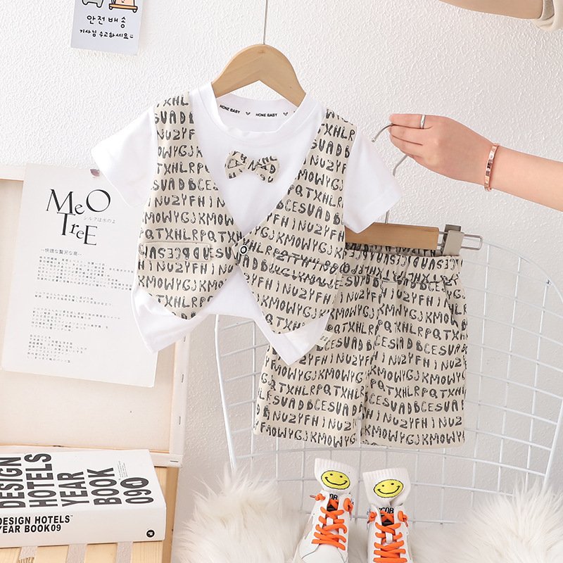 Children's clothes boys summer vest suit 2023 summer style foreign style baby handsome 1 year old 3 children short sleeves