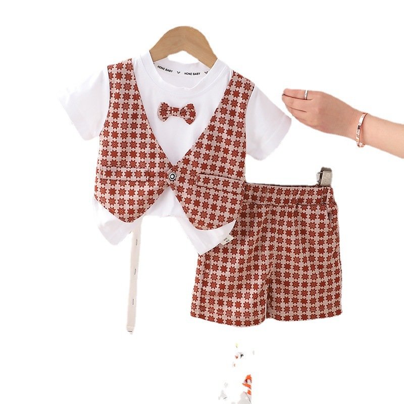 Children's clothes boys summer vest suit 2023 summer style foreign style baby handsome 1 year old 3 children short sleeves