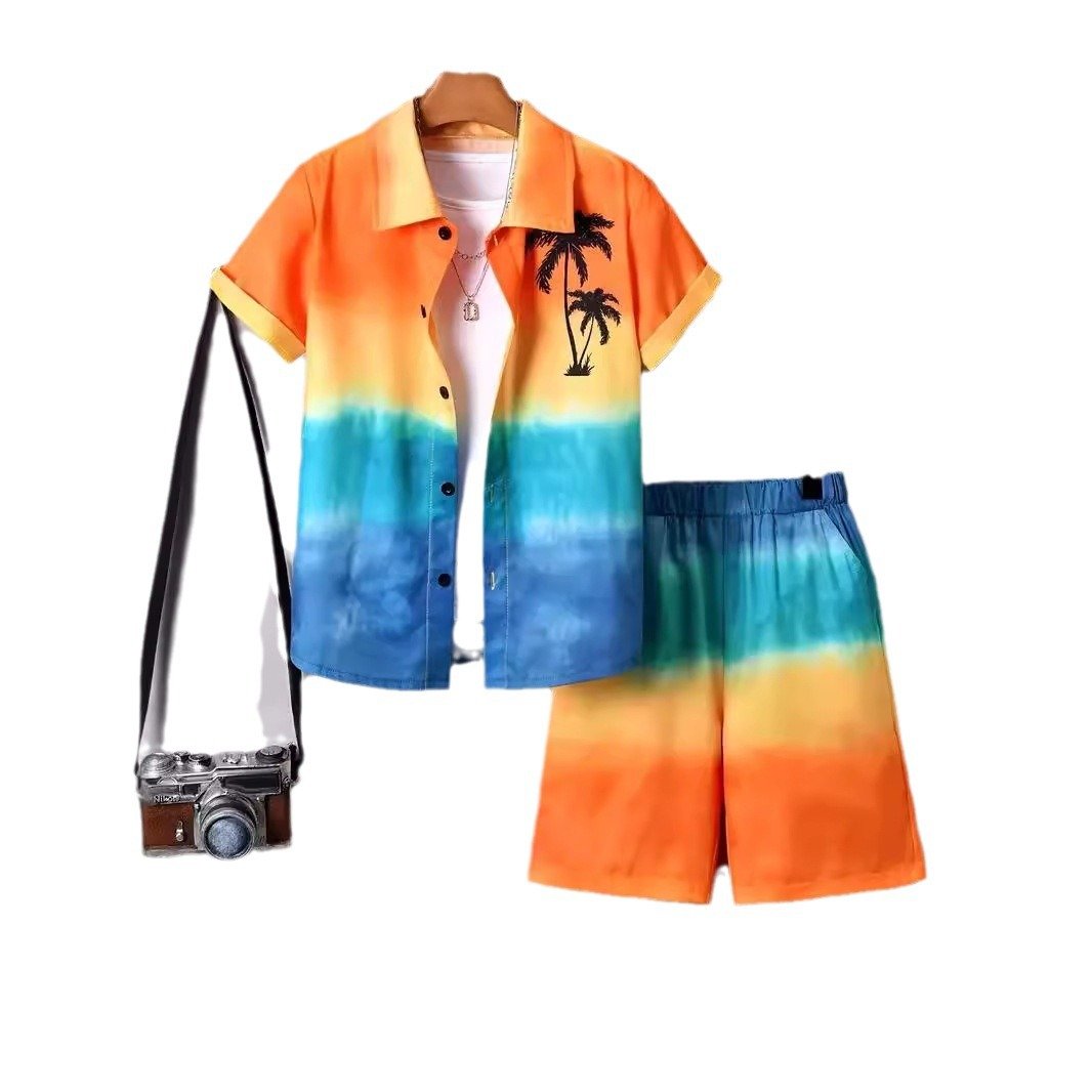 New arrival summer teen Boys Clothing Sets short sleeves allover printed shirt + shorts2 Pieces beach outfits for kids