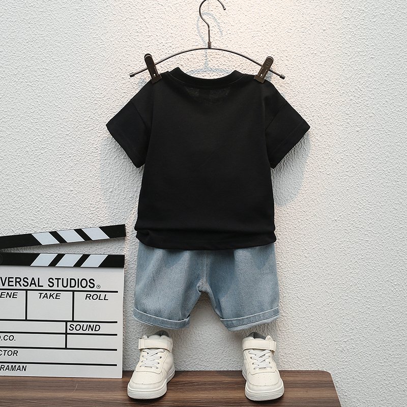 2023 new collection kids dress boys kids dress suit short set T-shirt and jeans 2 set whole suit set
