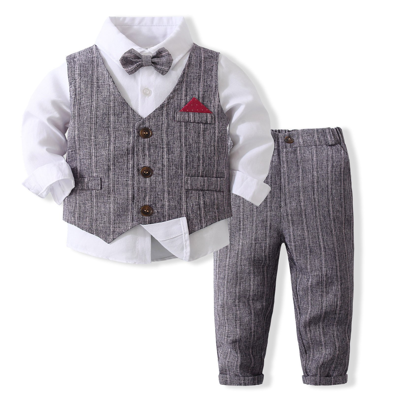 Custom Kid Dress Gentleman Wedding Suit Shirt Vest Birthday Formal Suit Boy Striped Toddler Children Clothing Long Sleeve Set