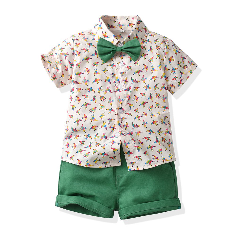 Short Sleeve Kids Lapel Bow Shirt Summer Toddler Boys Clothing Sets Cotton Beach Style Children Clothes Wholesale