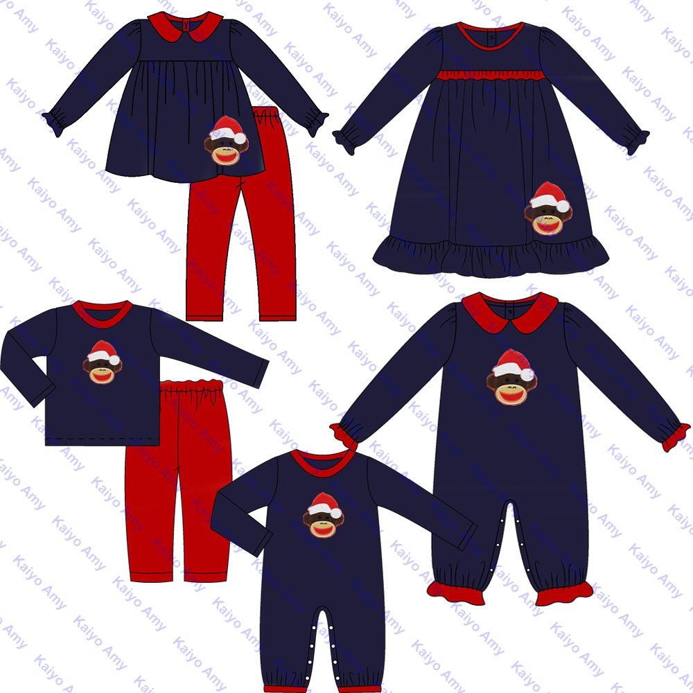 christmas products 2024 baby longalls applique sibling matching kids boys clothing set navy cotton two piece pant set