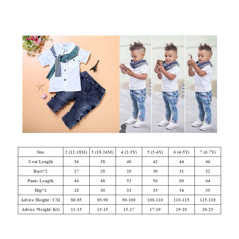 children summer clothes 3pcs T-Shirt + Jeans + Scarf boys clothing set short sleeve kids clothing set