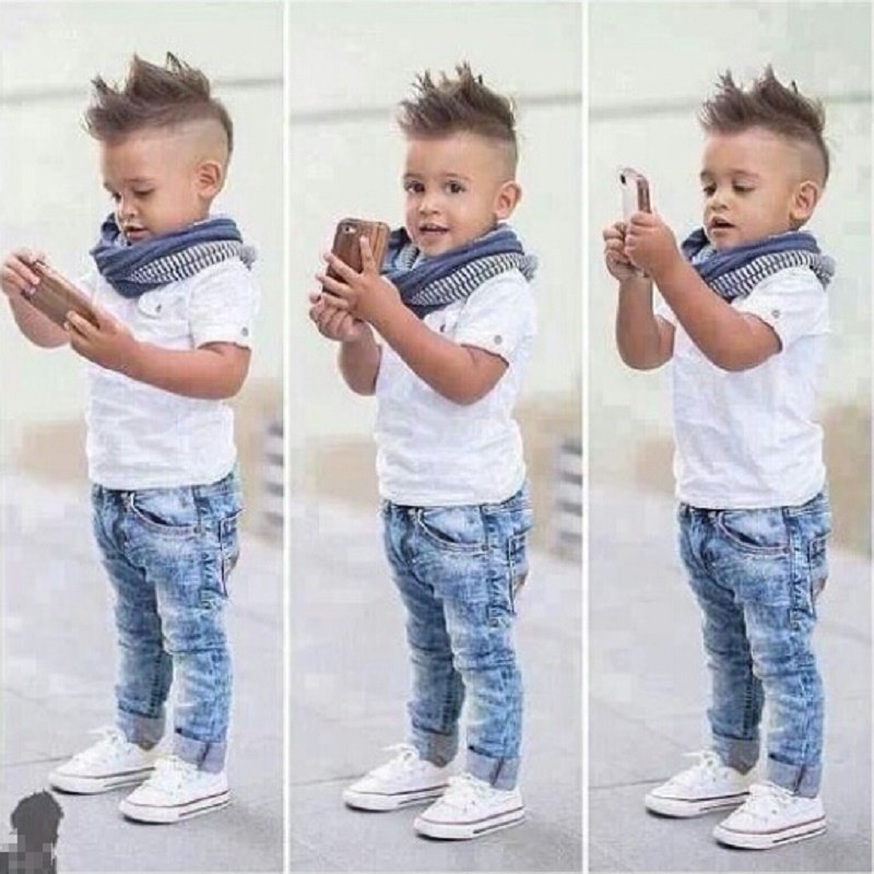 children summer clothes 3pcs T-Shirt + Jeans + Scarf boys clothing set short sleeve kids clothing set