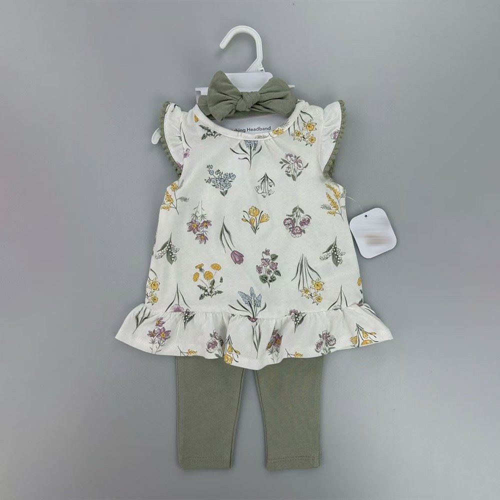 Pure Cotton New Born Baby Girl 0-24months Dress Trousers And Hairband 3pcs Set Short Sleeve Solid Color Clothes Set