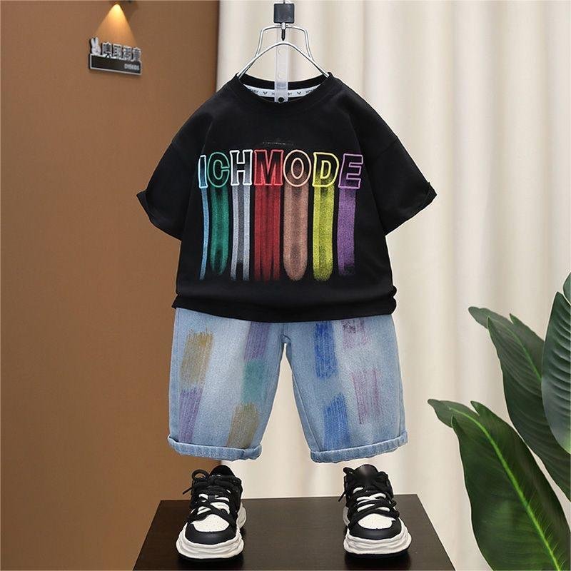 Wholesale Fashion Kids Summer Outfits Printed T-shirt and Denim Shorts 2pcs Clothes Sets for Boys