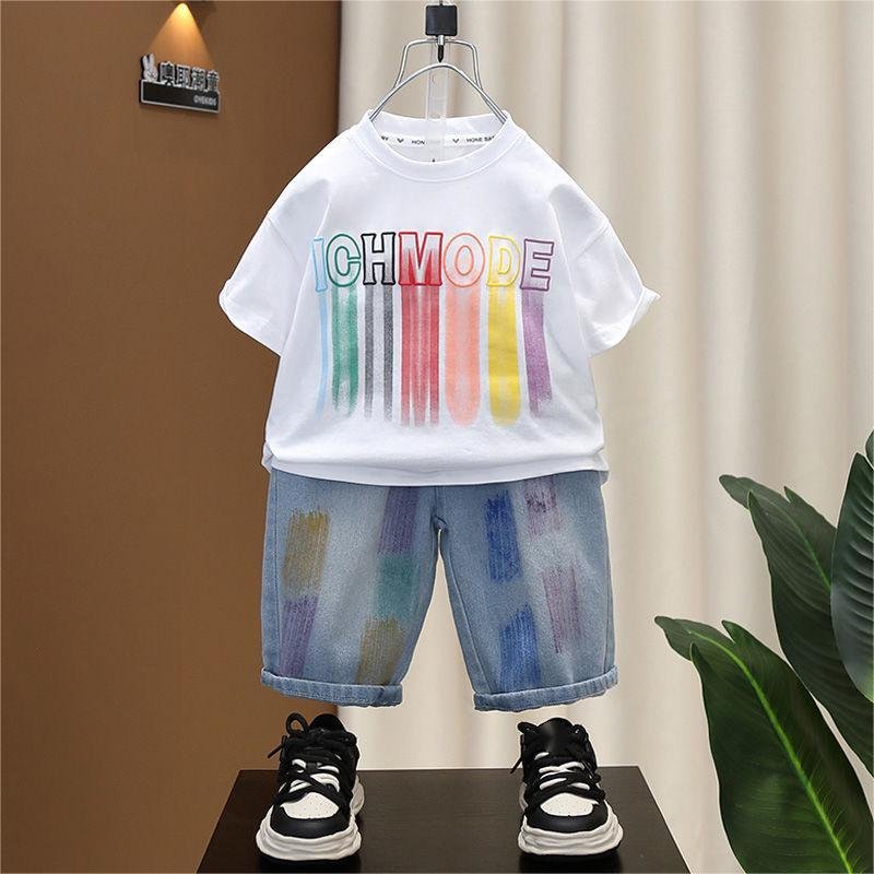 Wholesale Fashion Kids Summer Outfits Printed T-shirt and Denim Shorts 2pcs Clothes Sets for Boys