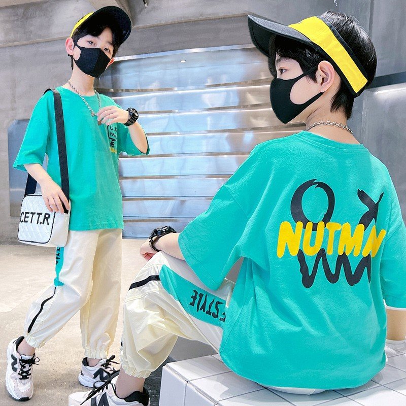 Hao Baby Summer Breathable Children's Fashionable Loose Casual Set Boys' Short Sleeve Top Tie Foot Sports Pants Two Piece S