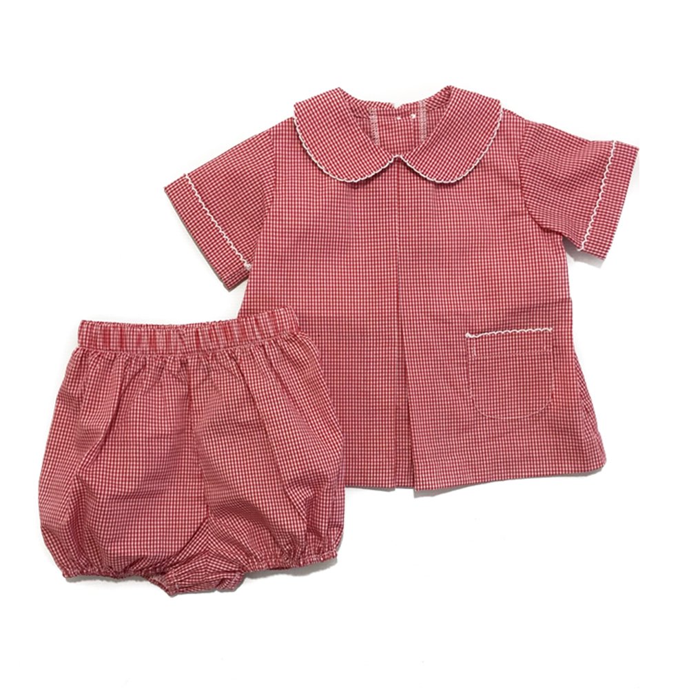 Wholesale peter pan collar picot trim toddler boys clothing sets pleated woven cotton infant baby boy bloomer short set