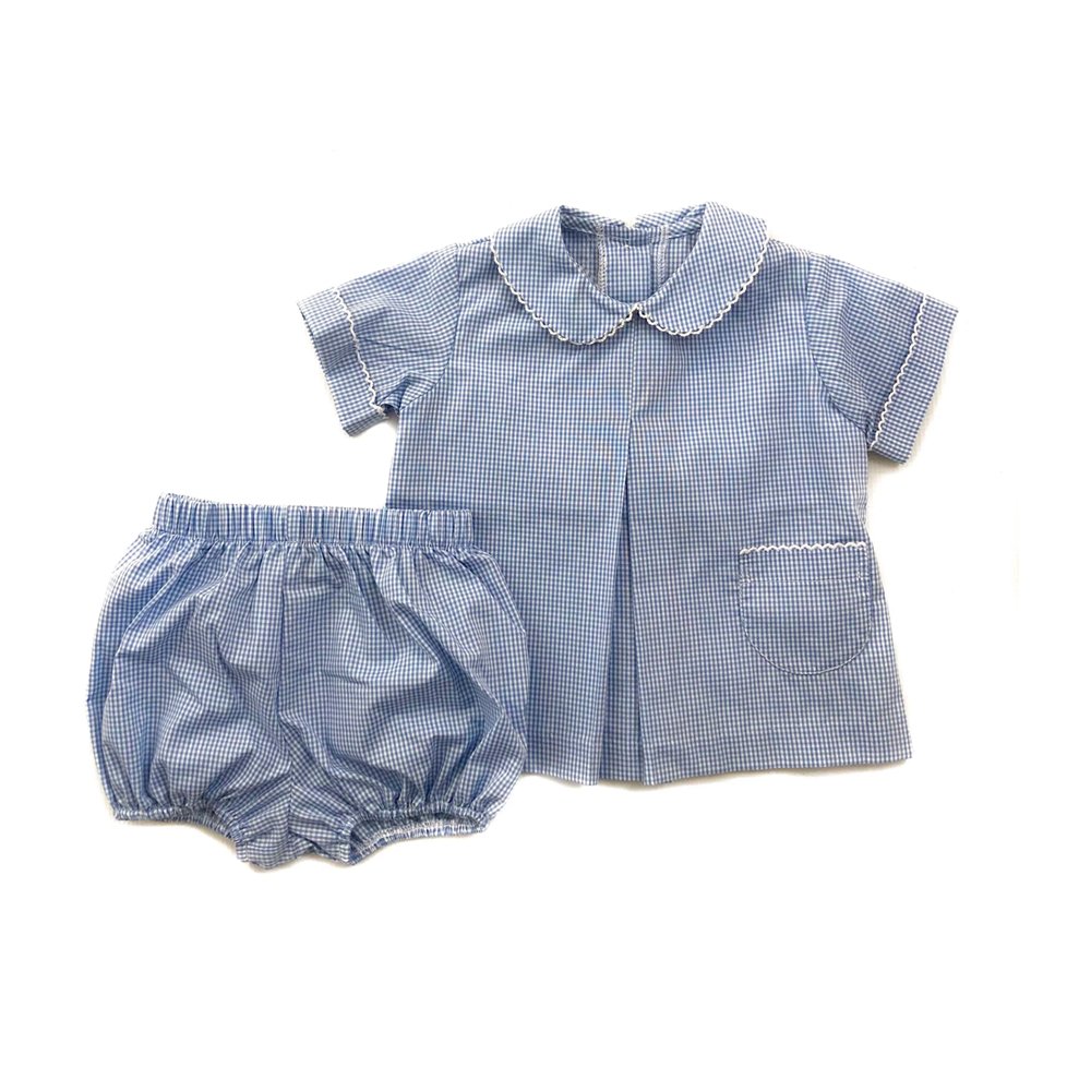 Wholesale peter pan collar picot trim toddler boys clothing sets pleated woven cotton infant baby boy bloomer short set