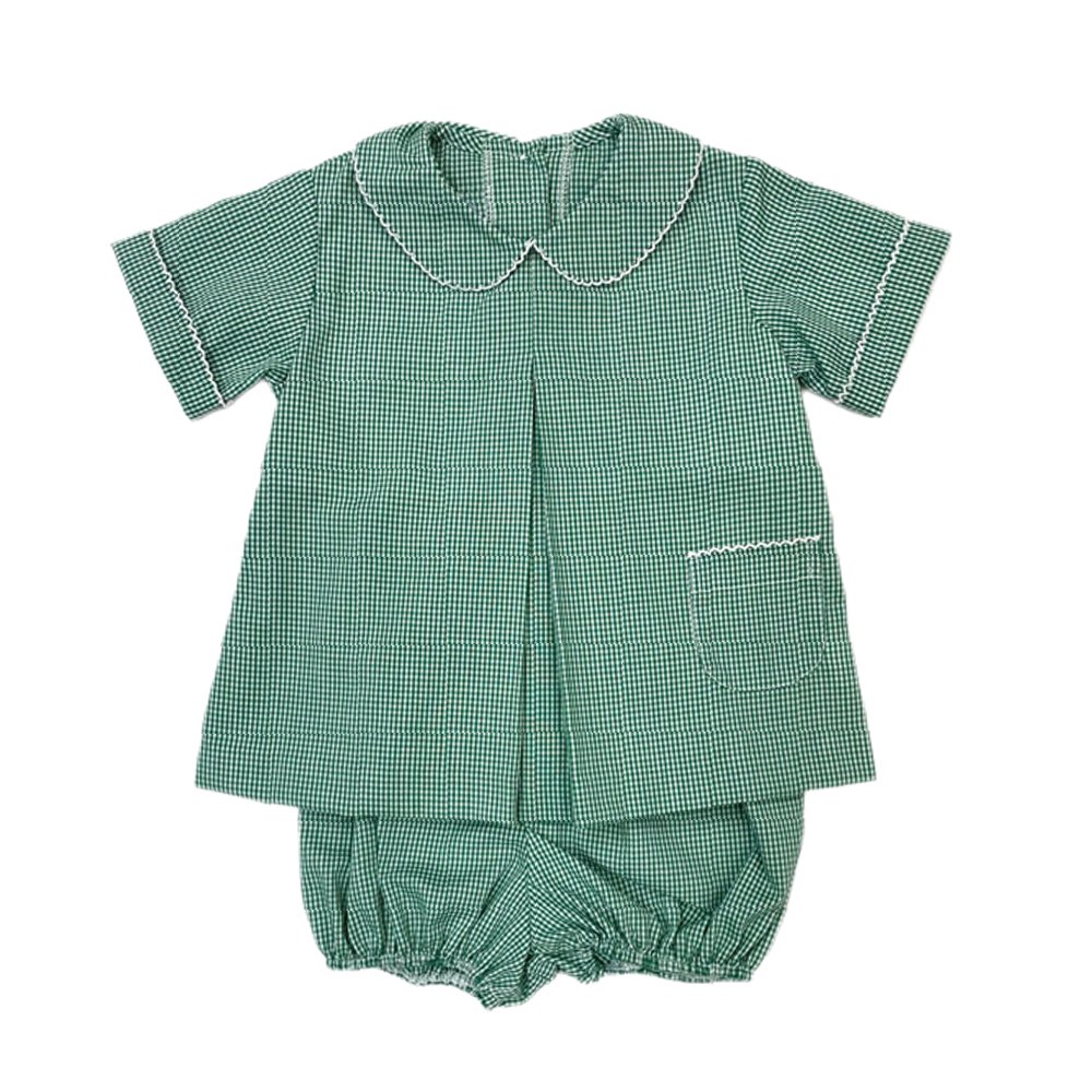 Wholesale peter pan collar picot trim toddler boys clothing sets pleated woven cotton infant baby boy bloomer short set