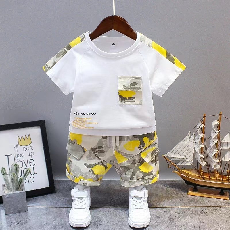 Conyson New Arrival Low MOQ Fashion Camouflage Knitting Cotton Short Sleeve Baby Boy Two Piece Summer Shorts Set Clothing