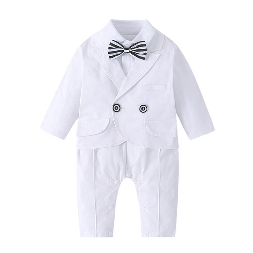 2023 Baby Outfit Rompers + Suit + Bow Tie Infant Wedding Party Clothing Kids Birthday Formal Wear Toddlers Boy Clothing Set