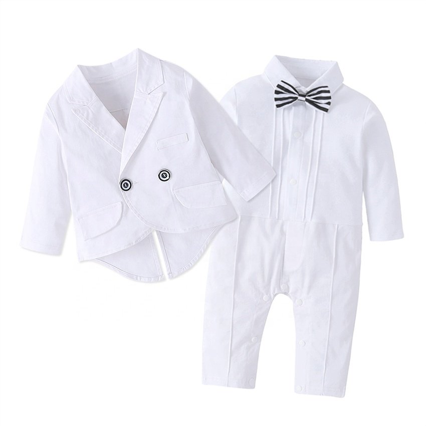 2023 Baby Outfit Rompers + Suit + Bow Tie Infant Wedding Party Clothing Kids Birthday Formal Wear Toddlers Boy Clothing Set