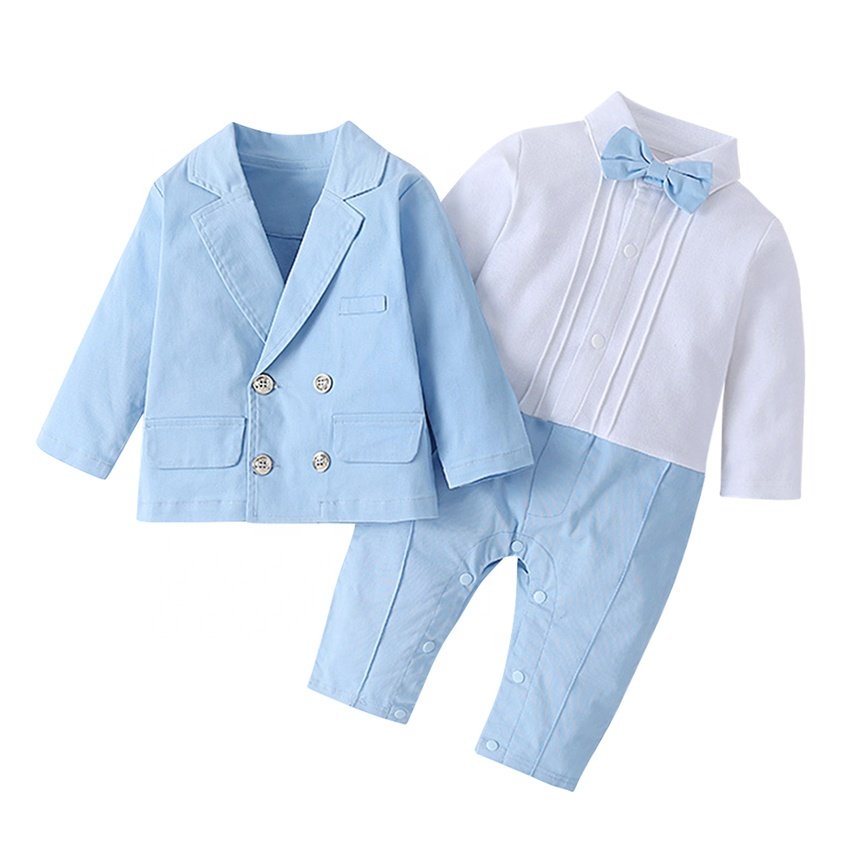 2023 Baby Outfit Rompers + Suit + Bow Tie Infant Wedding Party Clothing Kids Birthday Formal Wear Toddlers Boy Clothing Set