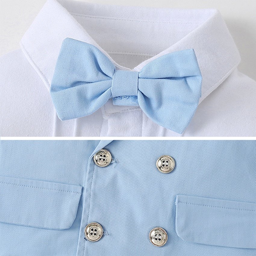 2023 Baby Outfit Rompers + Suit + Bow Tie Infant Wedding Party Clothing Kids Birthday Formal Wear Toddlers Boy Clothing Set
