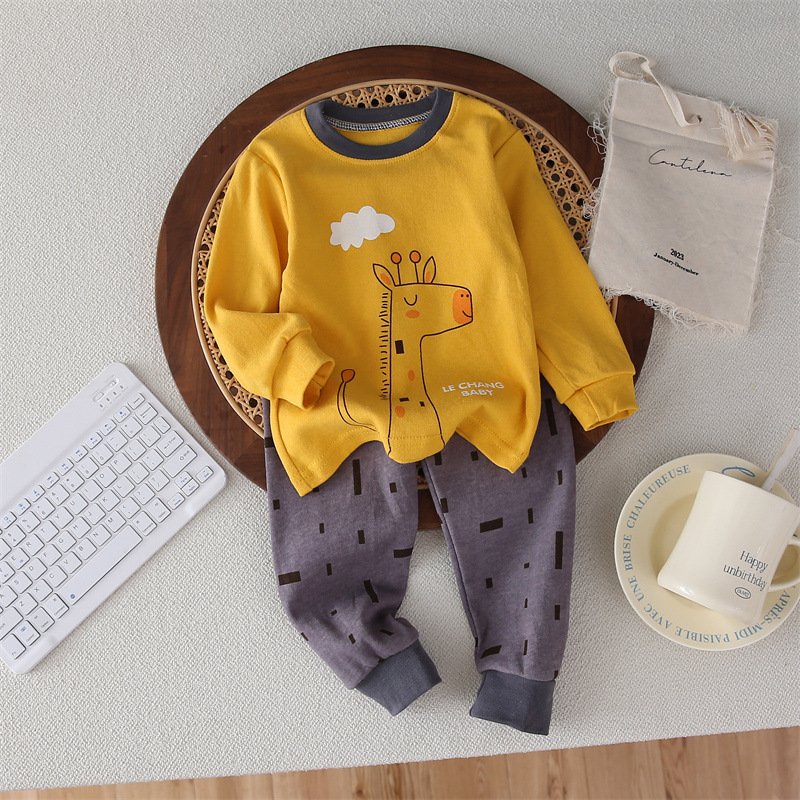 Spring Carton Long Sleeves Pants Boys Girls Pajamas Cotton Home Clothes Set 2-pieces Kids Clothing Suit with Wholesale