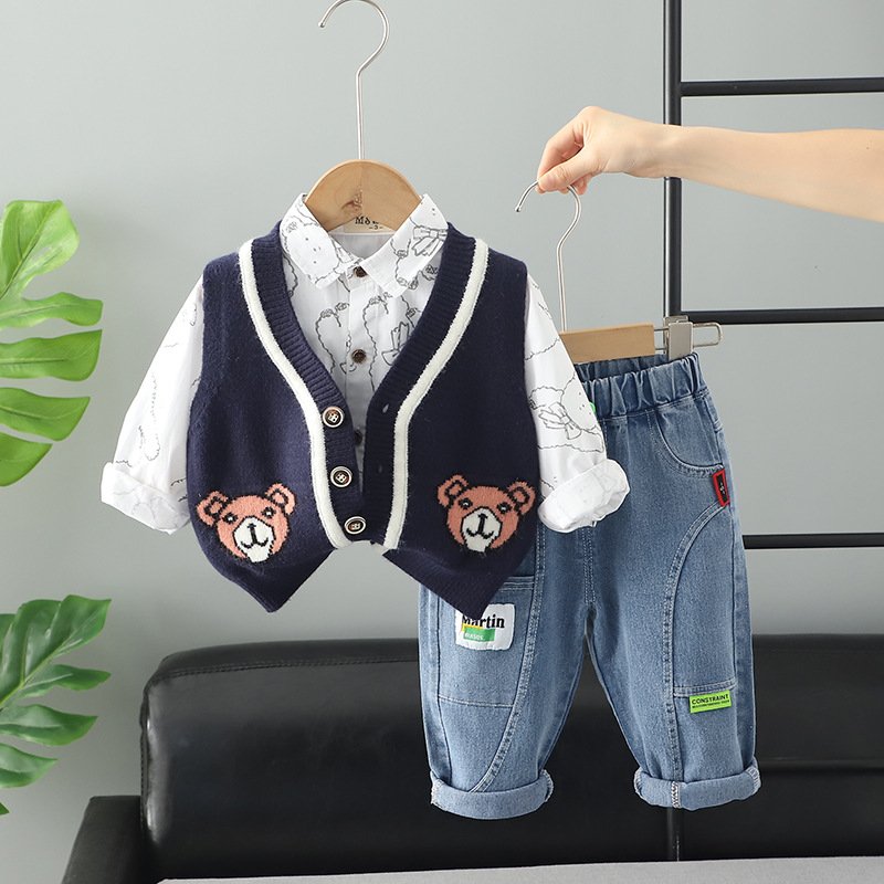 Cartoon Teddy Bear Print Infant Toddler Clothes Long Sleeve Sprint Autumn 3pcs Cardigan Kids Boy Clothing Set