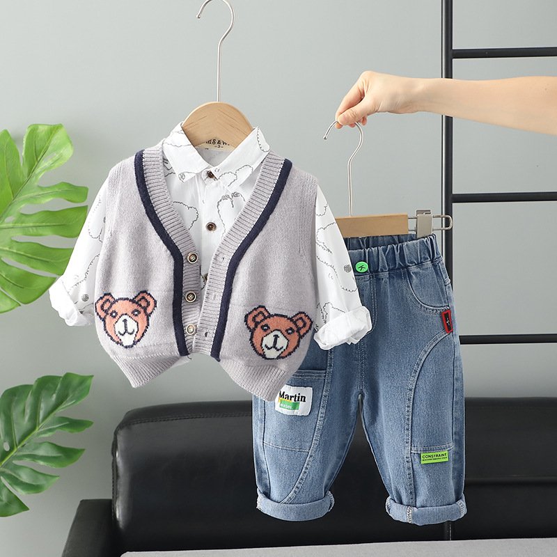 Cartoon Teddy Bear Print Infant Toddler Clothes Long Sleeve Sprint Autumn 3pcs Cardigan Kids Boy Clothing Set