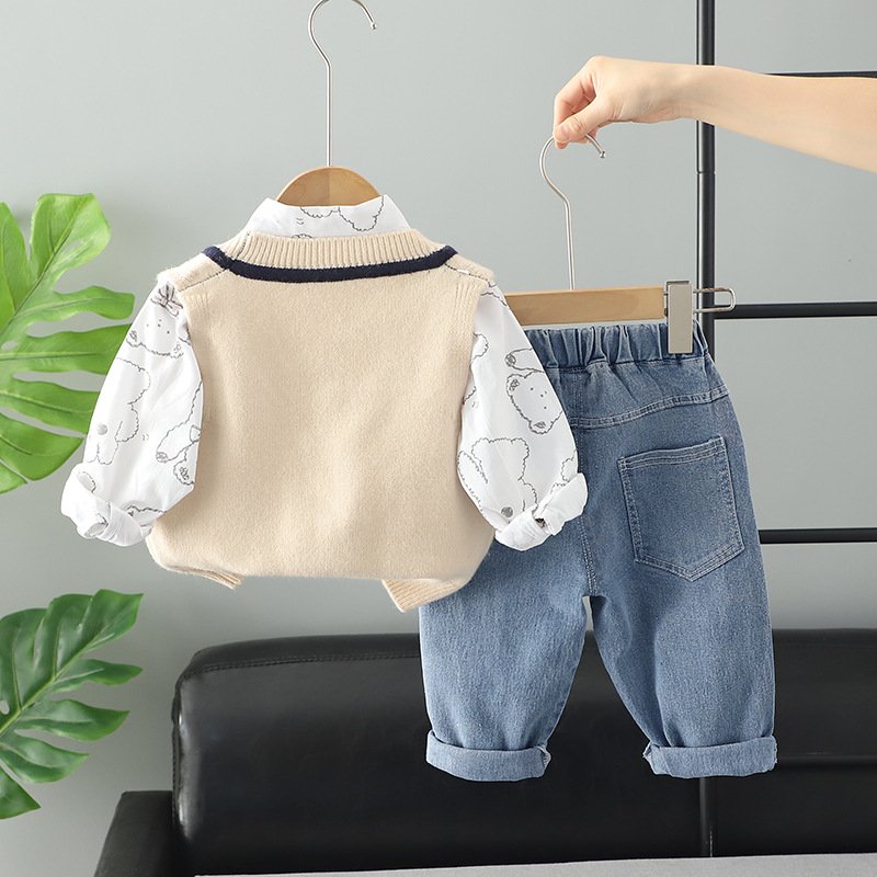 Cartoon Teddy Bear Print Infant Toddler Clothes Long Sleeve Sprint Autumn 3pcs Cardigan Kids Boy Clothing Set