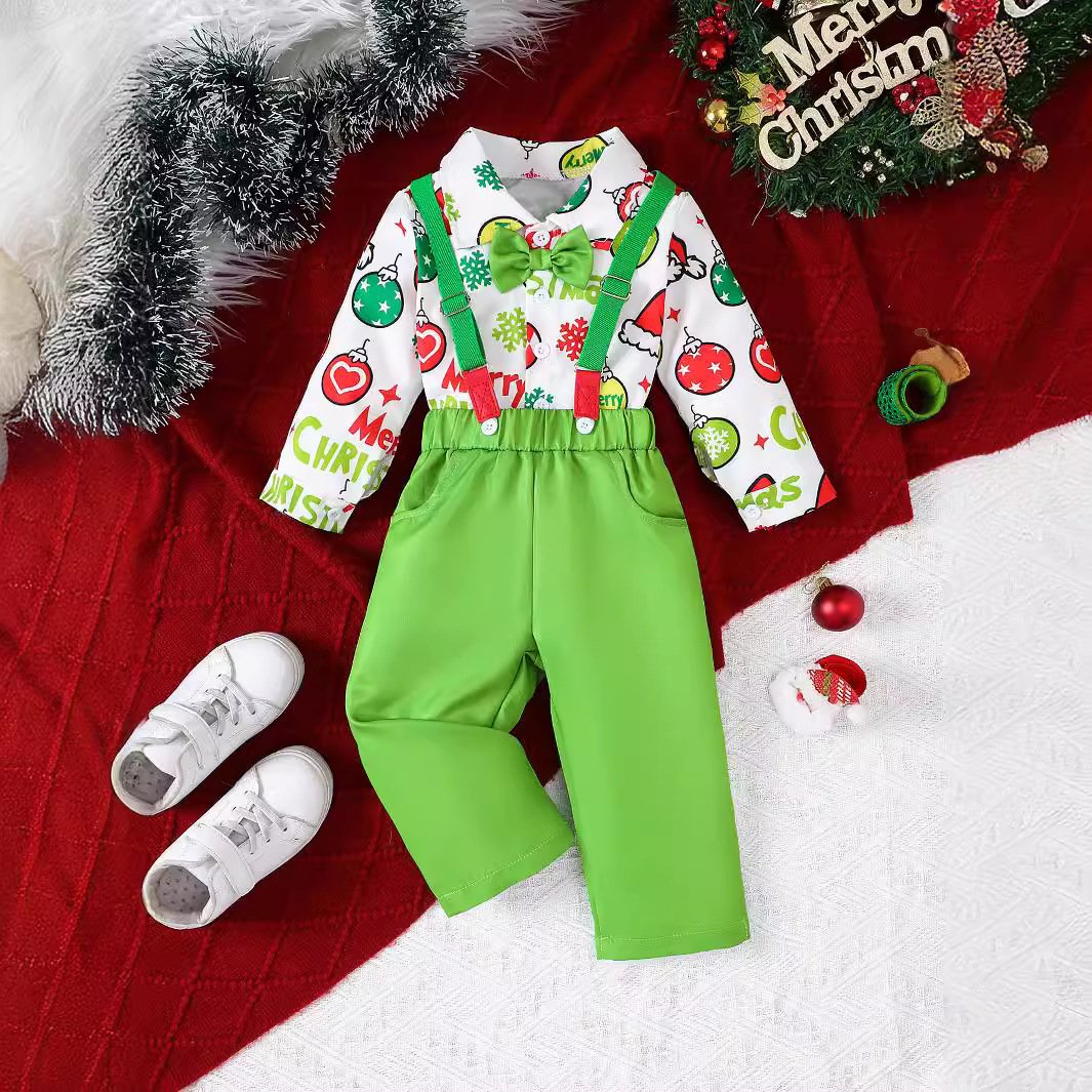 Christmas wear children's clothing toddler boys gentleman bow tie long sleeve shirt top suspenders festival baby clothes set